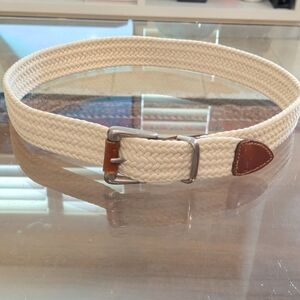 Women's Cream/Ecru Woven Belt with Brown Leather Accents & Silver Buckle